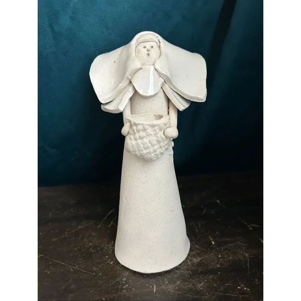 Nun Holding Basket Figurine Studio Pottery Signed